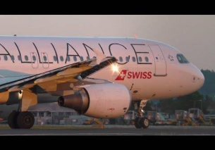 Swiss Airbus 320 *Star Alliance livery* close-up sunset takeoff at Graz Airport
